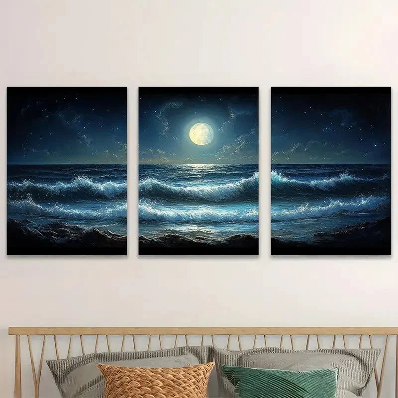 3pcs The Ocean Waves Under The Moon  Wall Art Set Canvas Framed 50x70cm - High Quality Print 100% Australian Made Wall Canvas Ready to Hang - Bella Home Decor