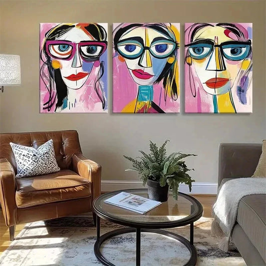 3pcs Colorful Faces Glasses Geometric Perfect Wall Art Set Canvas Framed 60x90cm - High Quality Print 100% Australian Made Wall Canvas Ready to Hang