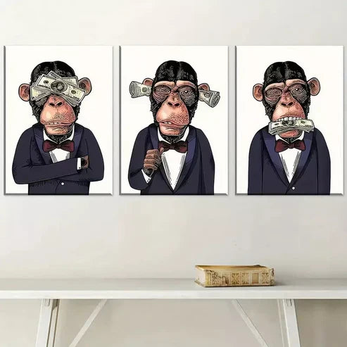 3pcs Modern Aesthetic Fashion Monkey Gentleman Canvas Unframed - High Quality Print 100% Australian Made Wall Canvas