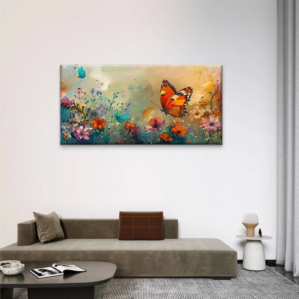 Vibrant Butterfly & Floral Wall Art Canvas Office Home Room Framed 120x60cm