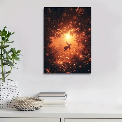 Rabbit Jumping Joyfully Under Glowing Painting 40x60cm Metal Print Ready to Hang - Bella Home Decor