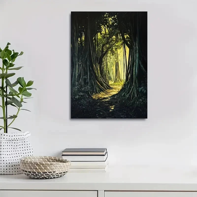 Lush Banyan Forest with Sunlit Painting 40x60cm Metal Print Ready to Hang - Bella Home Decor