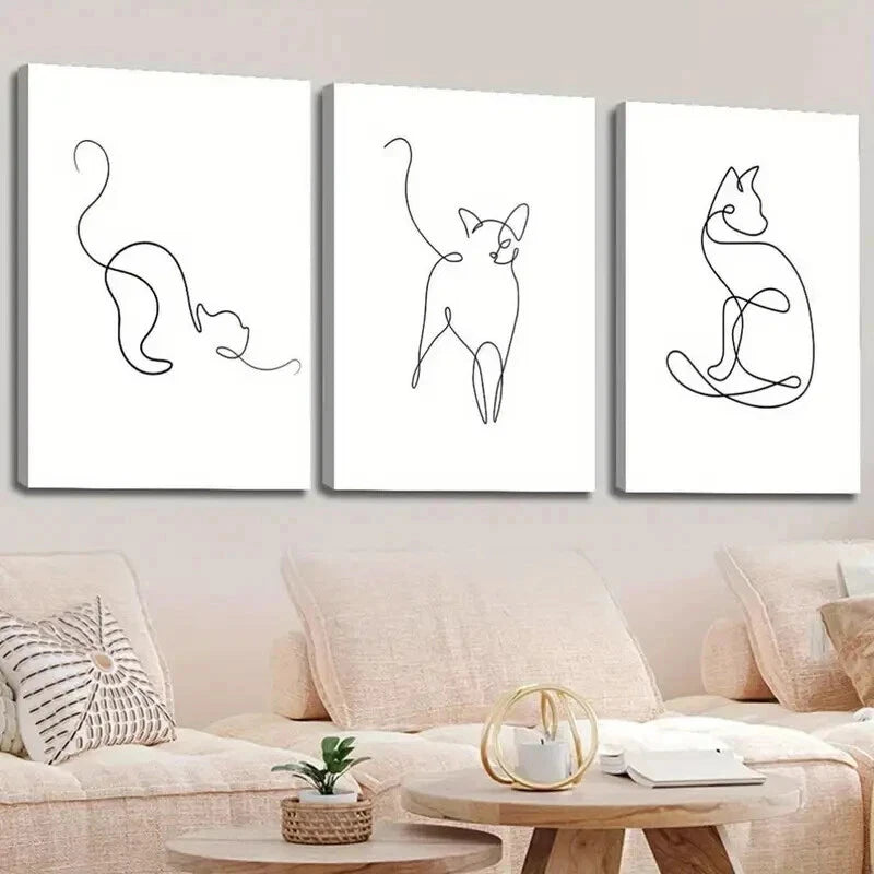 3pcs Abstract Line Cat Minimalist B&W Perfect Wall Art Set Canvas Framed 50x70cm - High Quality Print 100% Australian Made Wall Canvas Ready to Hang - Bella Home Decor