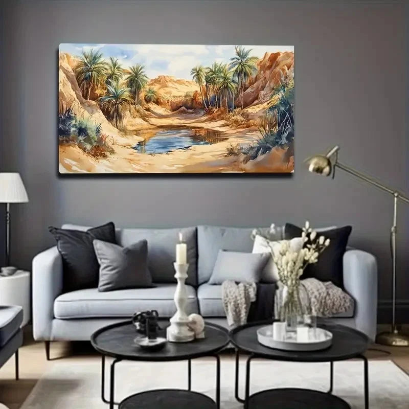 Vibrant Oasis Landscape Palm Wall Art Canvas Office Home Room Framed 120x60cm