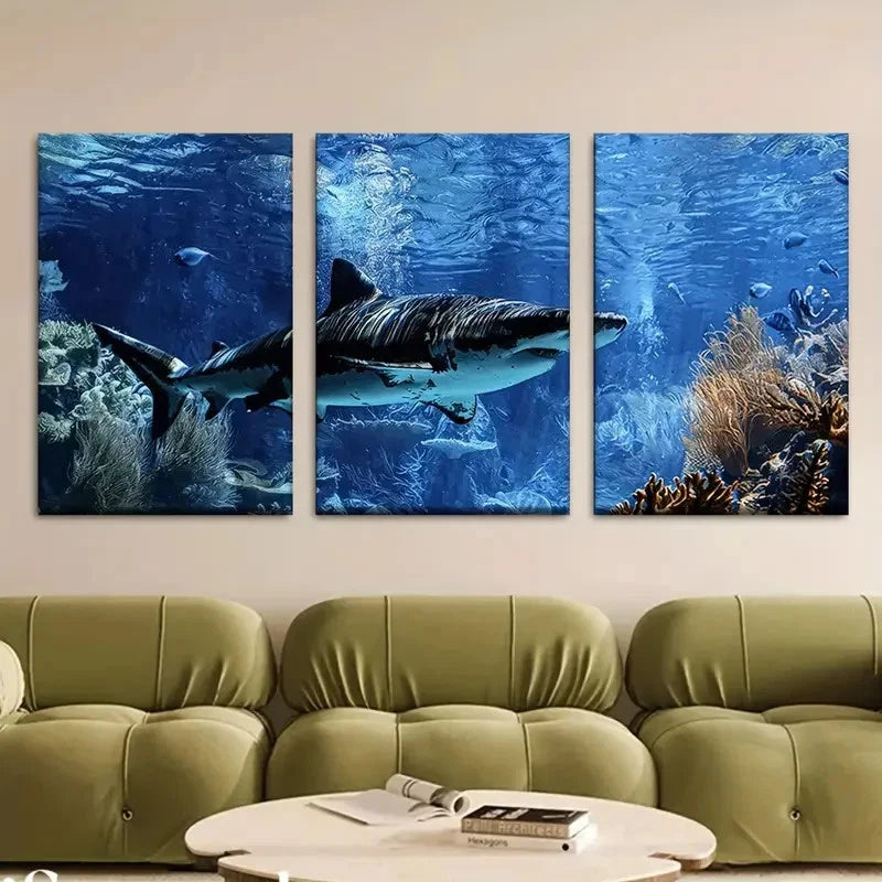 3pcs Shark with Open Mouth Painting Metal Print Ready to Hang Art