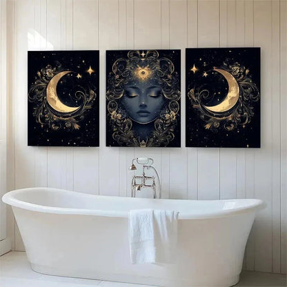 3pcs Mystical Moon Goddess Golden Lunar Perfect Wall Art Set Canvas Framed 60x90cm - High Quality Print 100% Australian Made Wall Canvas Ready to Hang - Bella Home Decor