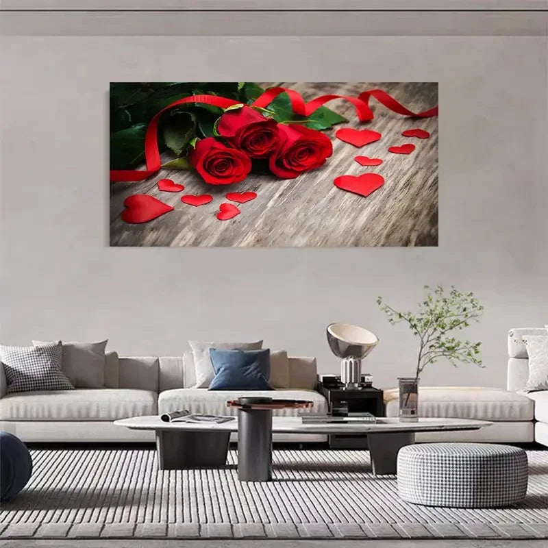 Romantic Red Roses & Love Heart Wall Art Canvas Office Home Room Framed 120x60cm - Bella Home Decor