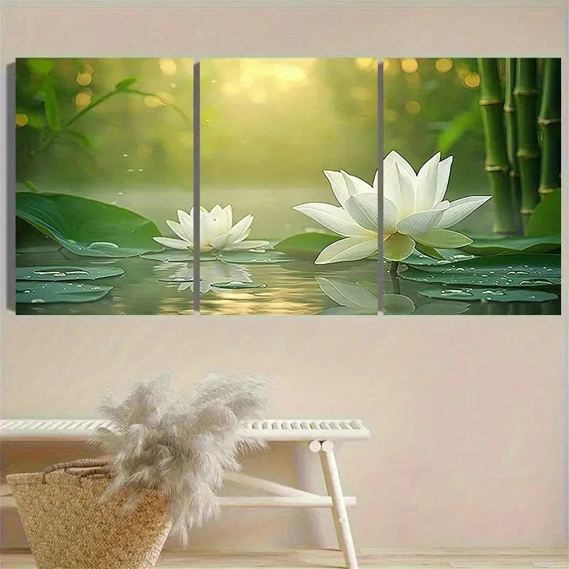 3pcs White for Lotus Flowers in Pond Wall Art Set Canvas Framed 60x90cm - High Quality Print 100% Australian Made Wall Canvas Ready to Hang - Bella Home Decor