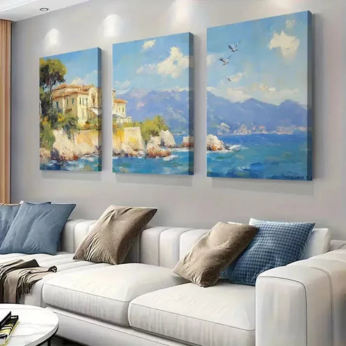 3pcs Modern Mediterranean Coastal Villa Wall Art Set Wall Art Canvas Unframed - High Quality Print 100% Australian Made Wall Canvas