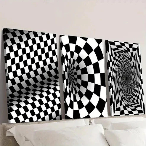 3pcs Black and White Optical Illusion Swirl Wall Art Canvas Unframed – High Quality Print 100% Australian Made Wall Canvas - Bella Home Decor