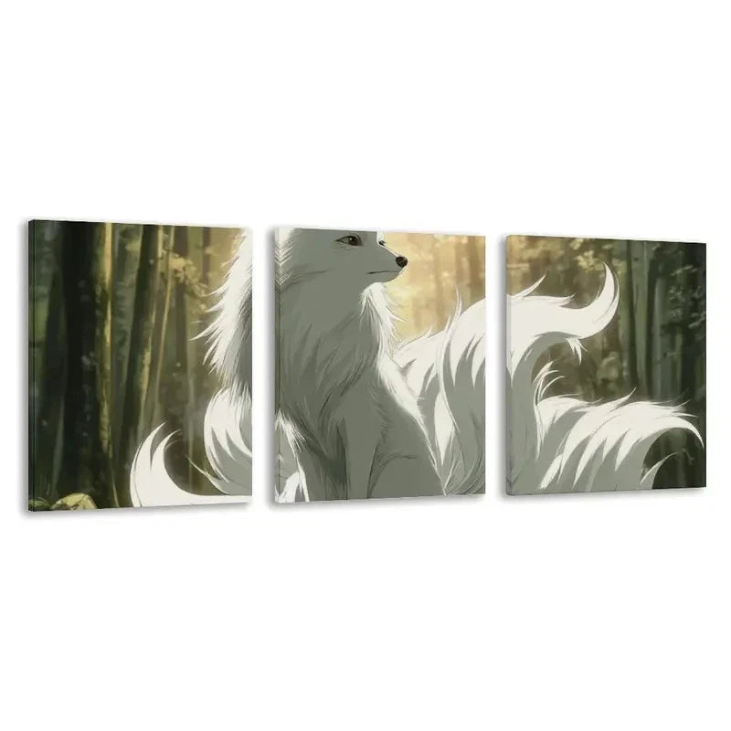 3pcs 9 Tailed White Fox with Forest Scene   Wall Art Set Canvas Framed 50x70cm - High Quality Print 100% Australian Made Wall Canvas Ready to Hang - Bella Home Decor