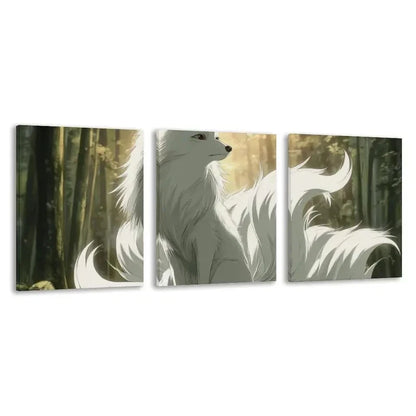 3pcs 9 Tailed White Fox with Forest Scene   Wall Art Set Canvas Framed 50x70cm - High Quality Print 100% Australian Made Wall Canvas Ready to Hang - Bella Home Decor