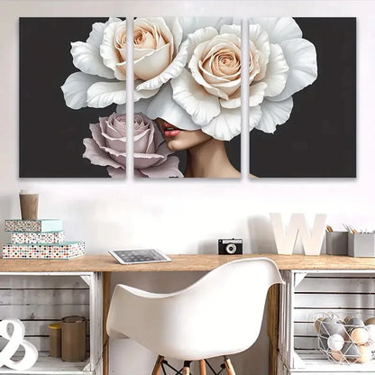 3pcs White Woman Floral Portrait Wall Art Set Canvas Framed 40x60cm - High Quality Print 100% Australian Made Wall Canvas Ready to Hang