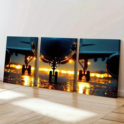 3pcs Airplane Sunset Runway Lights Wall Art Set Canvas Framed 50x70cm - High Quality Print 100% Australian Made Wall Canvas Ready to Hang - Bella Home Decor