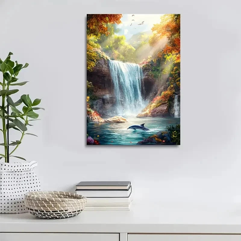 Fantasy Dolphin & Waterfall Scene with Sunbeams 40x60cm Metal Print Ready to Hang - Bella Home Decor