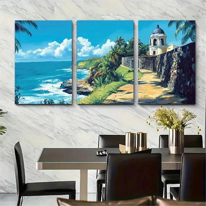3pcs Palm Trees & Ocean View Wooden Perfect Wall Art Set Canvas Framed 50x70cm - High Quality Print 100% Australian Made Wall Canvas Ready to Hang