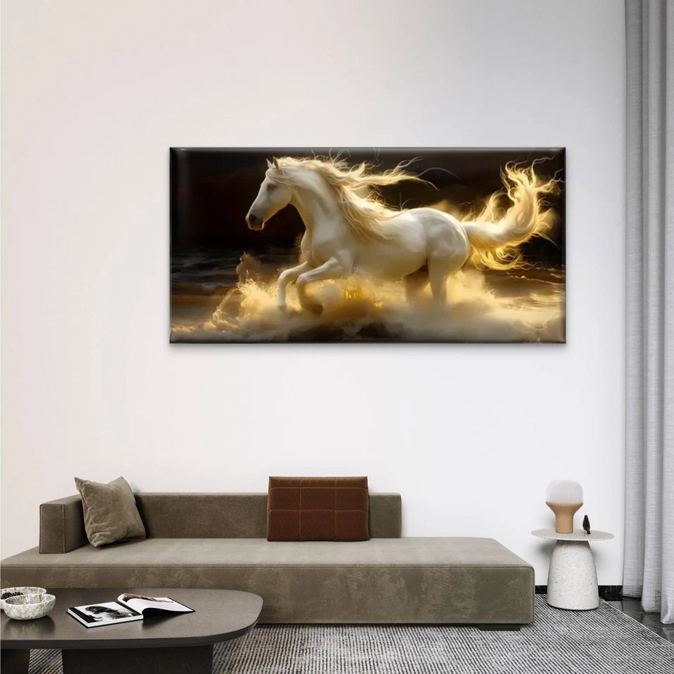 The White Horse Crosses Water Wall Art Canvas Office Home Room Framed 120x60cm