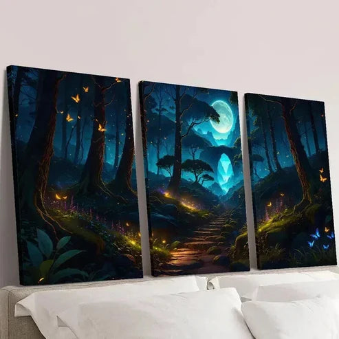 3pcs Magic Forest Moon Butterflies & Flowers Wall Art Canvas Unframed - High Quality Print 100% Australian Made Wall Canvas
