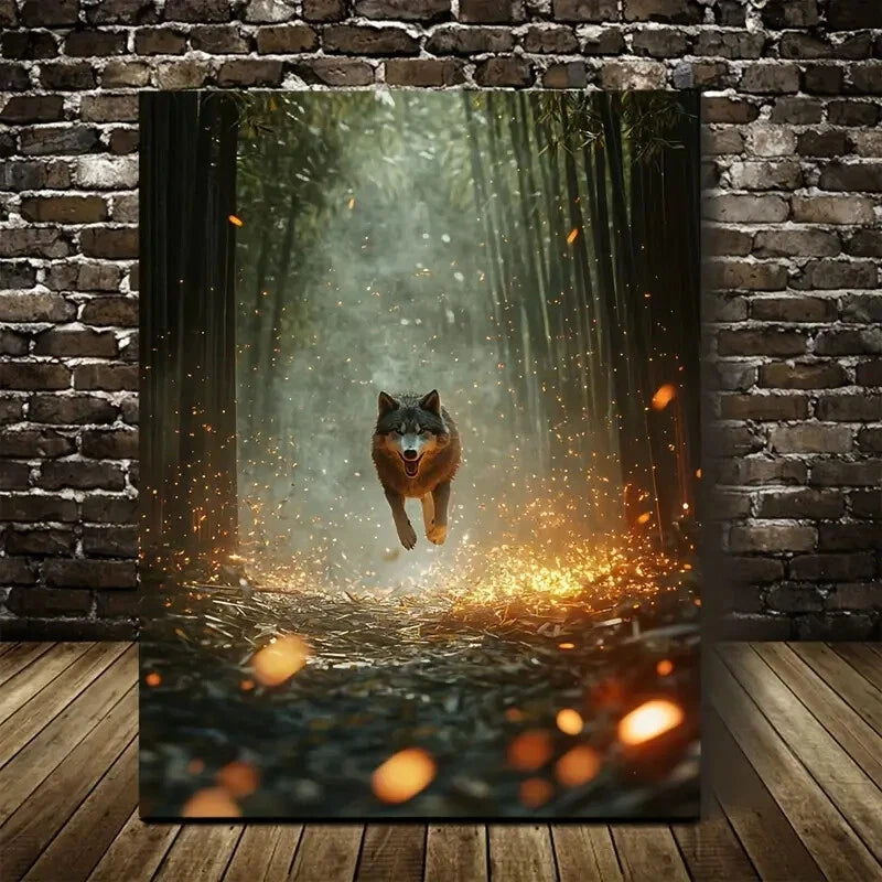 Realistic Wolf In Bamboo Grove with Glowing Painting 40x60cm Metal Print Ready to Hang - Bella Home Decor