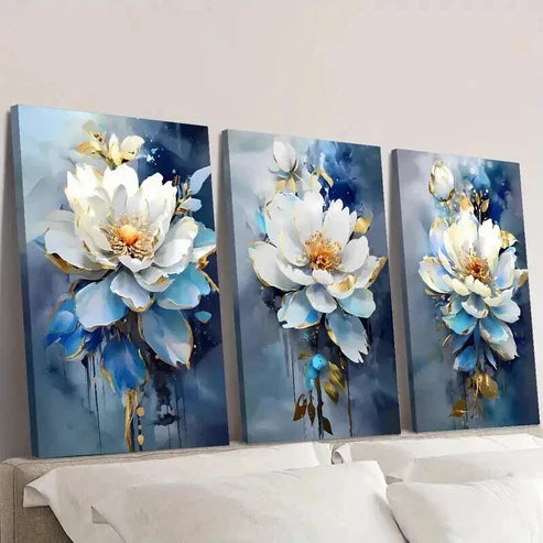 3pcs Modern Luxury Blue and White Floral Wall Art Set Canvas Unframed - High Quality Print 100% Australian Made Wall Canvas