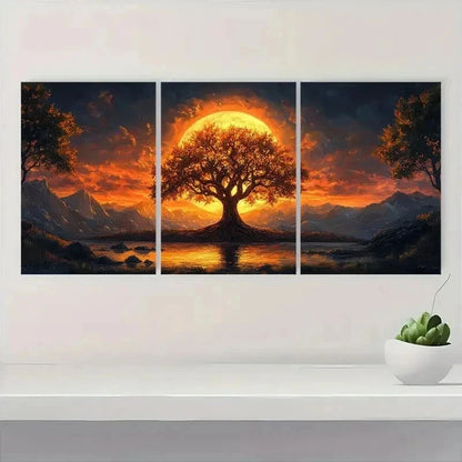 3pcs Modern Golden Tree Sunset Mountain Art l   Wall Art Set Canvas Framed 50x70cm - High Quality Print 100% Australian Made Wall Canvas Ready to Hang