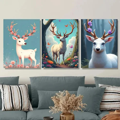 3pcs Deer Forest Triptych Blossoms & Butterflies Wall Art Set Canvas Unframed - High Quality Print 100% Australian Made Wall Canvas - Bella Home Decor