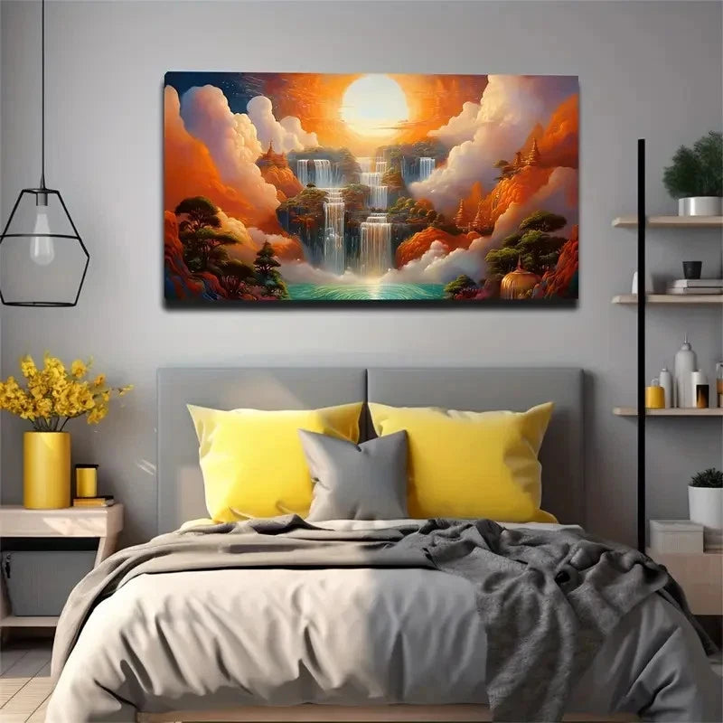 Waterfall And Sunset In Dreams Wall Art Canvas Office Home Room Framed 120x60cm