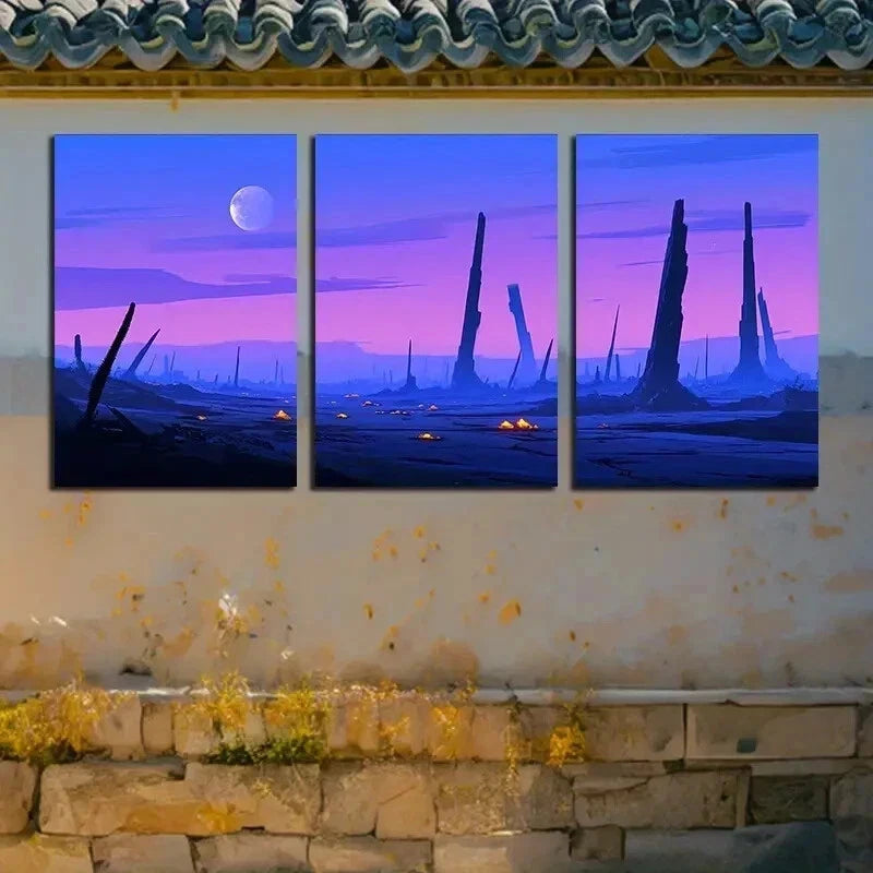 3pcs Vibrant Purple Planet Ruins Theme Wall Art Set Canvas Framed 40x60cm - High Quality Print 100% Australian Made Wall Canvas Ready to Hang - Bella Home Decor