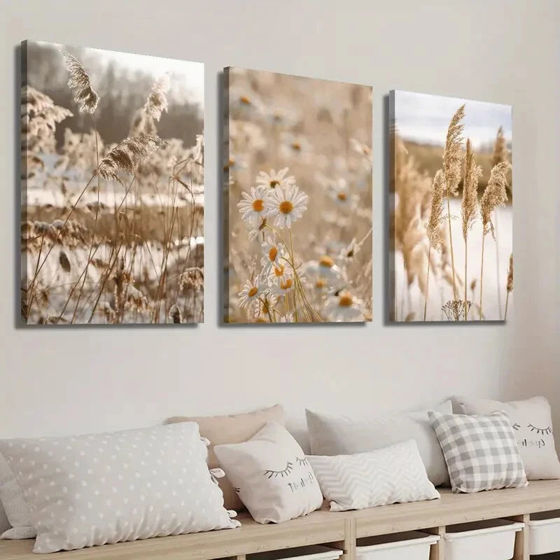 3pcs Botanical Daisy Wildflower Reed Perfect Wall Art Set Canvas Framed 40x60cm - High Quality Print 100% Australian Made Wall Canvas Ready to Hang