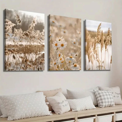 3pcs Botanical Daisy Wildflower Reed Perfect Wall Art Set Canvas Framed 40x60cm - High Quality Print 100% Australian Made Wall Canvas Ready to Hang