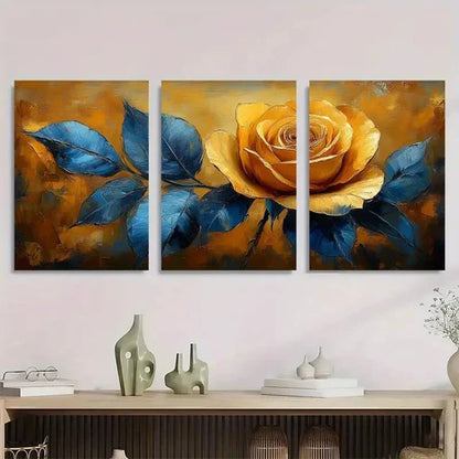 3pcs Yellow And Blue Art Rose Wall Art Set Canvas Unframed - High Quality Print 100% Australian Made Wall Canvas