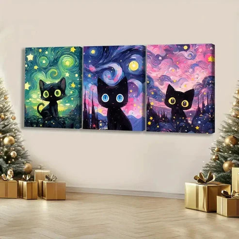 3pcs Cute Black Cat Fantasy Decorations Wall Art Set Canvas Unframed - High Quality Print 100% Australian Made Wall Canvas - Bella Home Decor