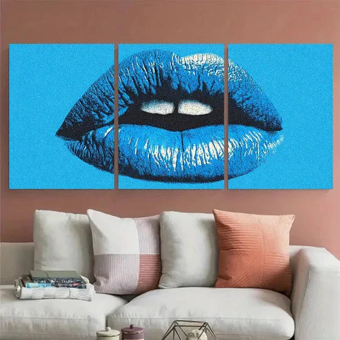 3pcs Blue Kiss Lips Retro Coquette Wall Art Canvas Unframed - High Quality Print 100% Australian Made Wall Canvas - Bella Home Decor