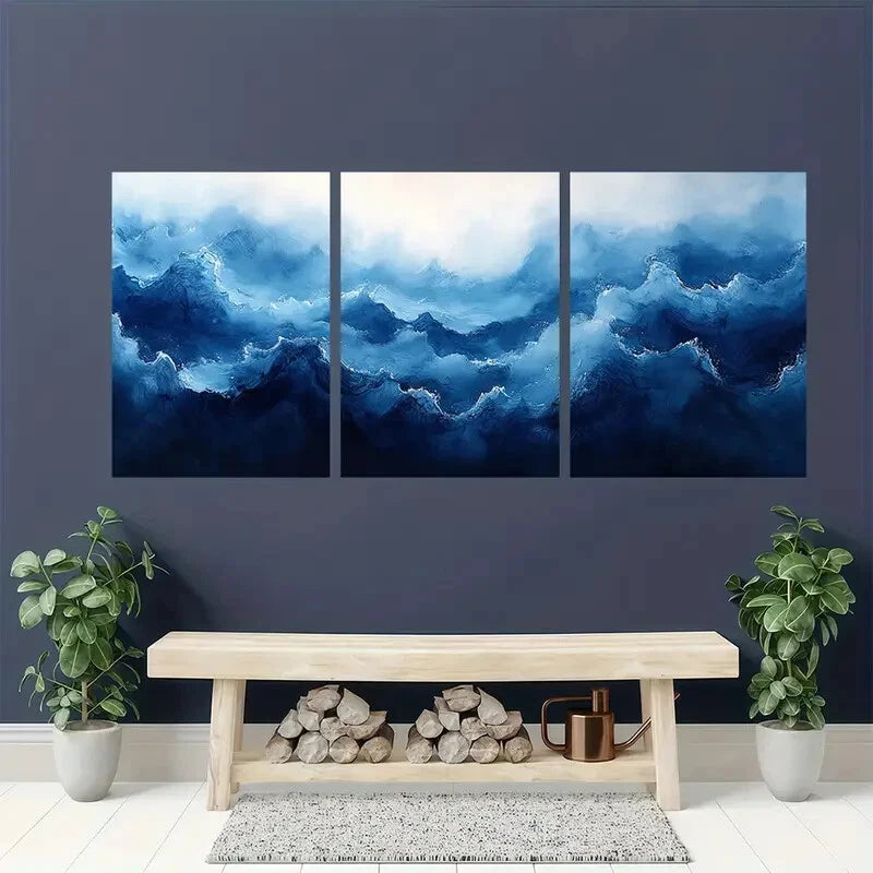 3pcs Cobalt Blue Painting Watercolor Art Metal Print Ready to Hang Art - Bella Home Decor