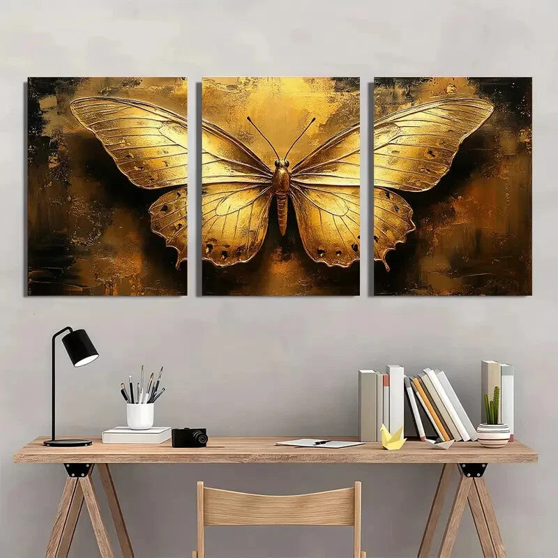 3pcs Golden Butterfly Elegant Accent Metal Print Ready to Hang Art - Bella Home Decor