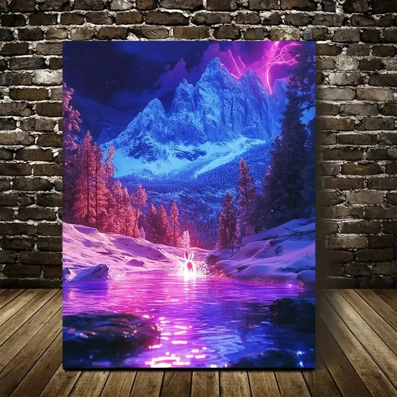 Vibrant Neon Rabbit Splashing in Snowy Painting  40x60cm Metal Print Ready to Hang - Bella Home Decor