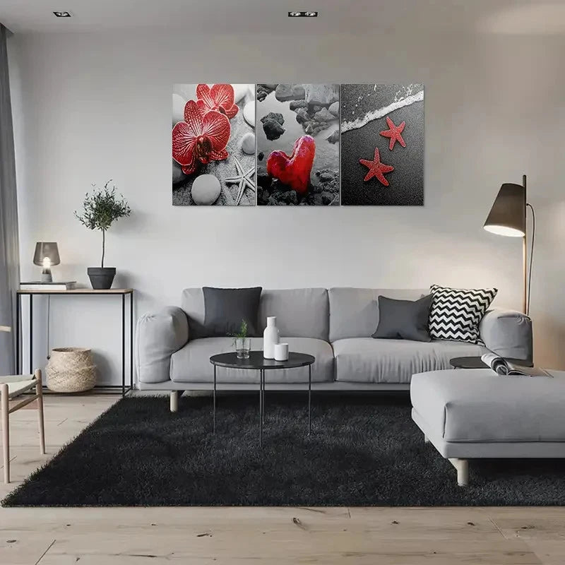 3pcs Beach Themed Red Starfish Heart and Orchid Metal Print Ready to Hang Art - Bella Home Decor