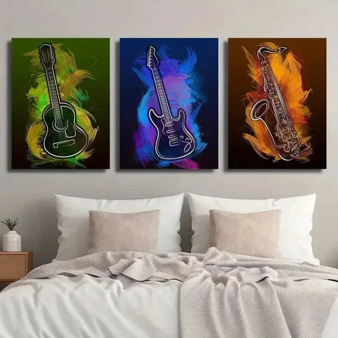 3pcs Abstract Guitar Saxophone Music Instrument Wall Art Set Canvas Unframed - High Quality Print 100% Australian Made Wall Canvas - Bella Home Decor