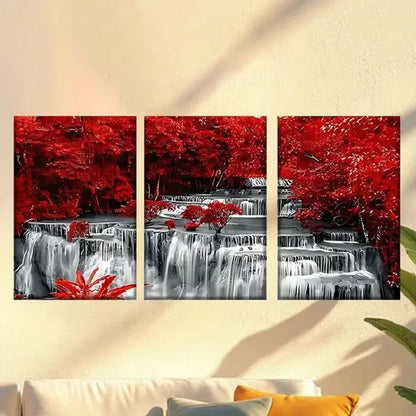 3pcs Waterfall with Red Leaves And Water Wall Art Canvas Unframed - High Quality Print 100% Australian Made Wall Canvas