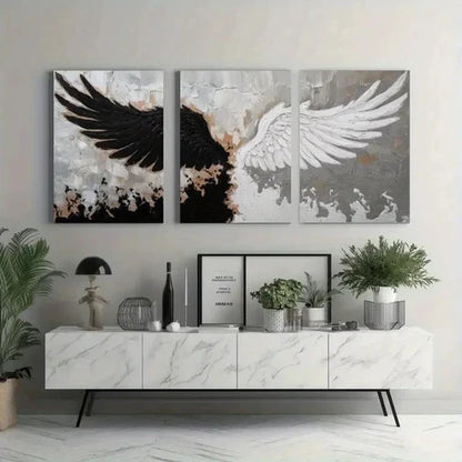 3pcs Black & White Wings, Beige back Wall Art Canvas Unframed - High Quality Print 100% Australian Made Wall Canvas - Bella Home Decor