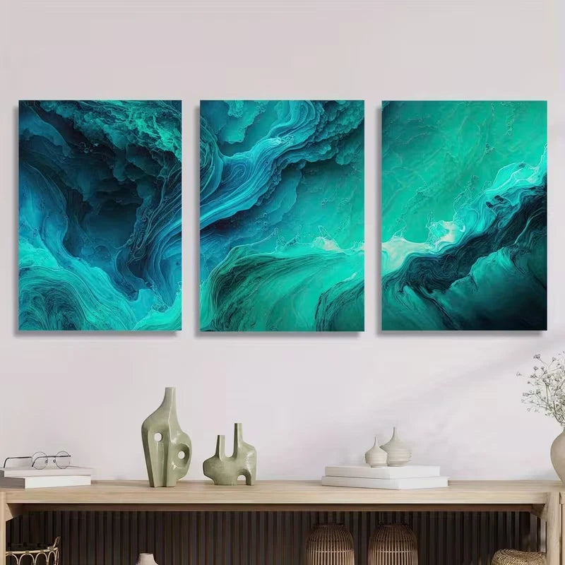 3pcs Blue-Green Water Design Metal Print Ready to Hang Art - Bella Home Decor