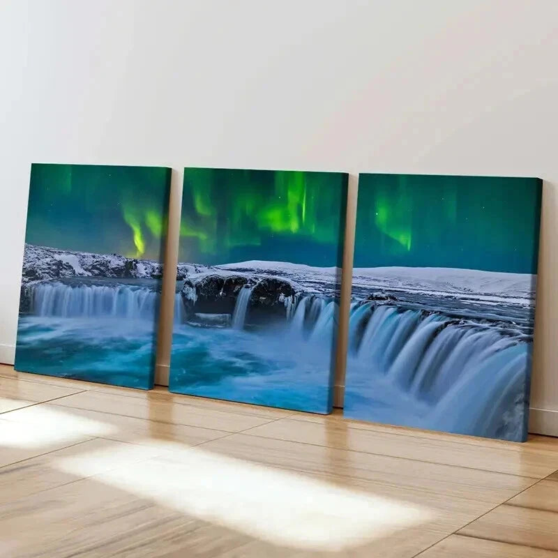 3pcs Snow Scene Aurora and Waterfall Wall Art Set Canvas Framed 60x90cm - High Quality Print 100% Australian Made Wall Canvas Ready to Hang - Bella Home Decor