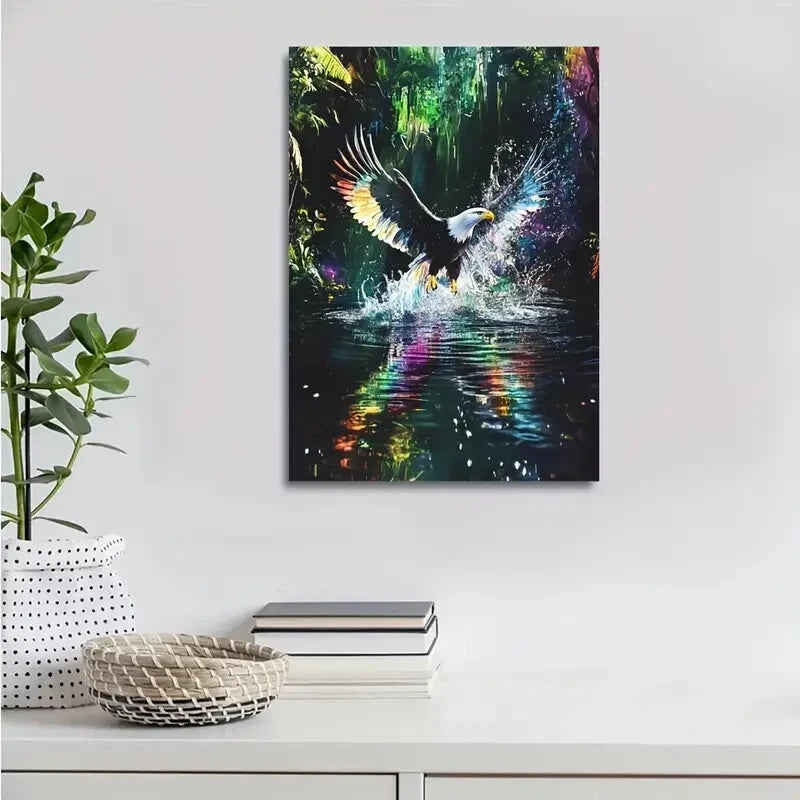 Majestic Eagle Splashing In Jungle Water Painting 40x60cm Metal Print Ready to Hang - Bella Home Decor