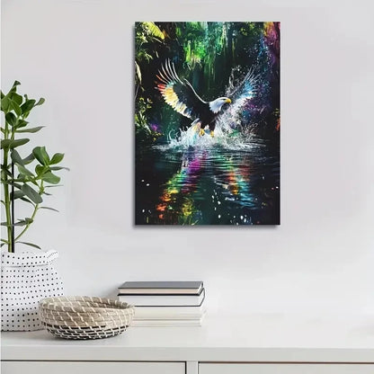 Majestic Eagle Splashing In Jungle Water Painting 40x60cm Metal Print Ready to Hang - Bella Home Decor