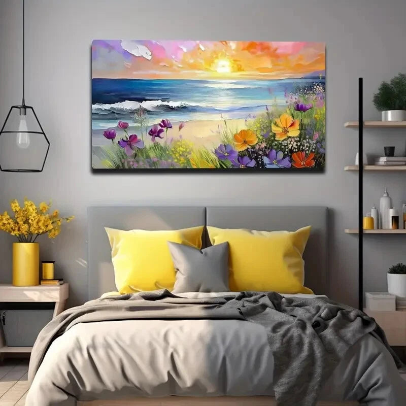 Beach Sunset Colorful Flower Wall Art Canvas Office Home Room Framed 120x60cm - Bella Home Decor