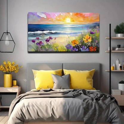 Beach Sunset Colorful Flower Wall Art Canvas Office Home Room Framed 120x60cm - Bella Home Decor