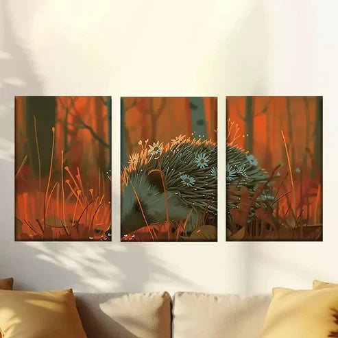 3pcs Hedgehog of the Dusk Forest Wall Art Canvas Unframed - High Quality Print 100% Australian Made Wall Canvas