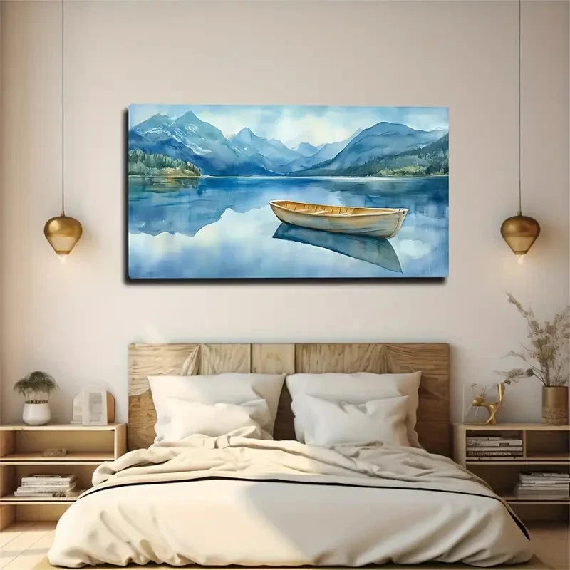 Serene Mountain Lake Rowboat Wall Art Canvas Office Home Room Framed 120x60cm