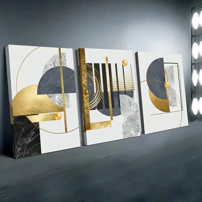 3pcs Abstract Geometric Shapes In Golden Wall Art Set Canvas Unframed - High Quality Print 100% Australian Made Wall Canvas - Bella Home Decor