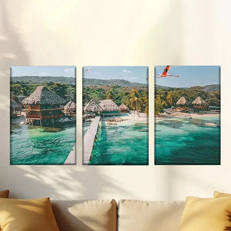 3pcs Beach Resort Scene with Palm Trees Wall Art Set Canvas Framed 40x60cm - High Quality Print 100% Australian Made Wall Canvas Ready to Hang - Bella Home Decor